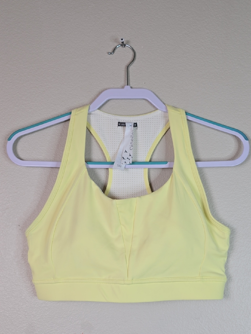 oiselle Cross The Finish  Light Yellow Racerback Sports Bra Size 10 Nwt.